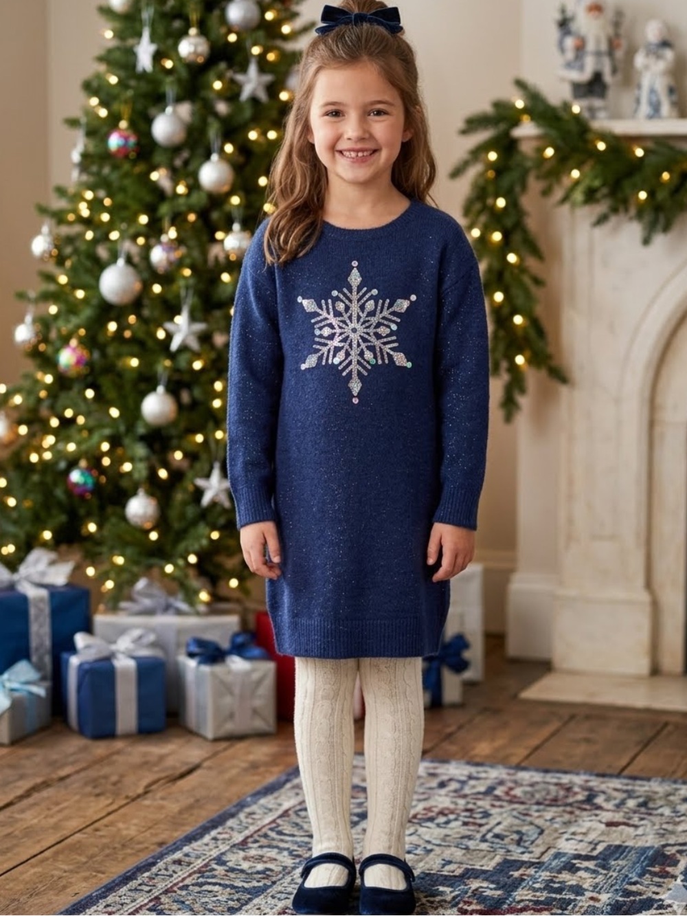 The Children's Place Navy Knit Dress with Silver Snowflake - holiday - size 7/8 - Picture 1 of 9